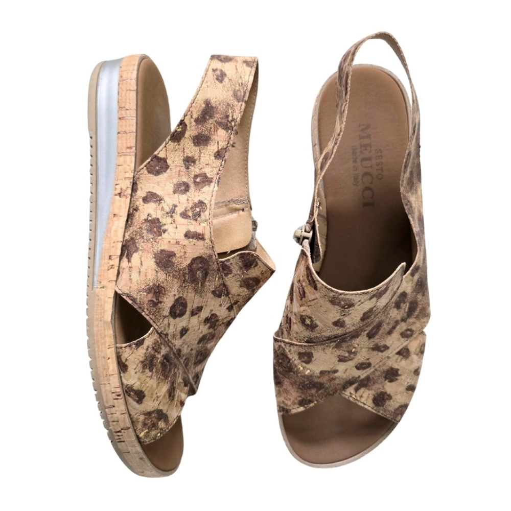 SESTO MEUCCI Sylke Sandals Wedge Slingbacks Leopard Cheetah Size 8 Womens Italy
